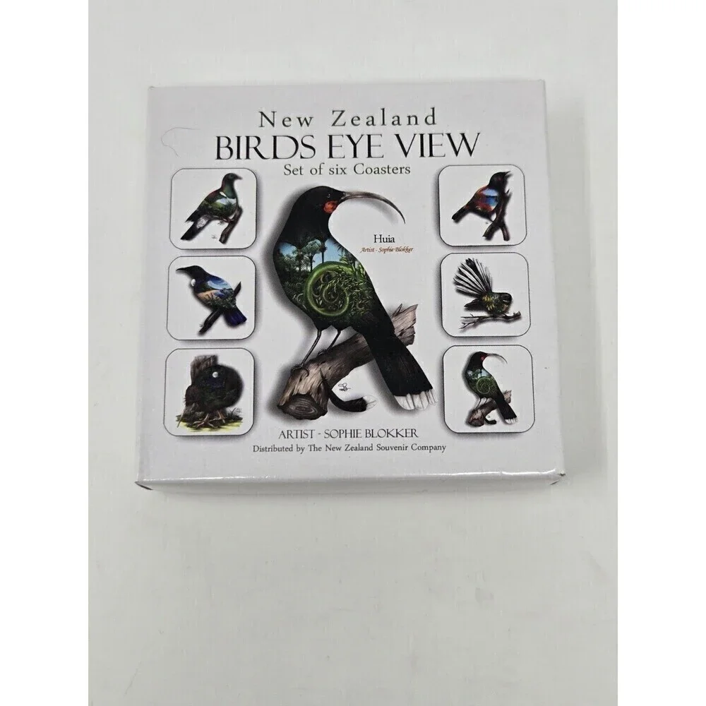 VINTAGE NEW ZEALAND BIRDS EYE VIEW COASTERS SET OF 6 SOPHIE BLOKKER ARTIST BOX